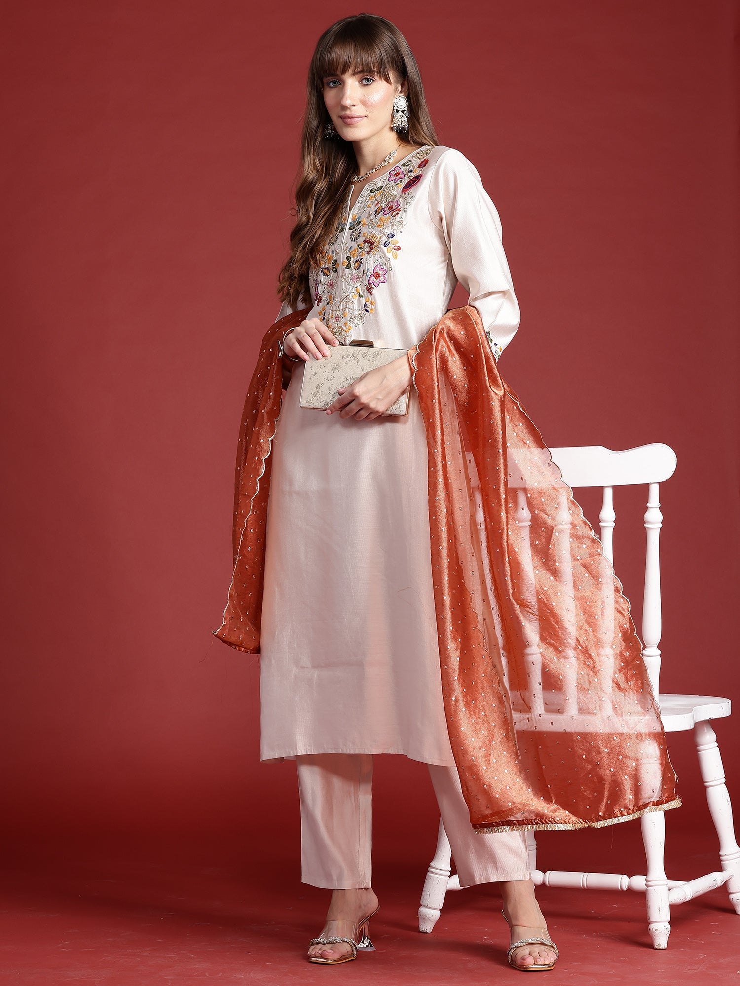 Women Off White Embroidered Straight Kurta Trousers With Dupatta  Set