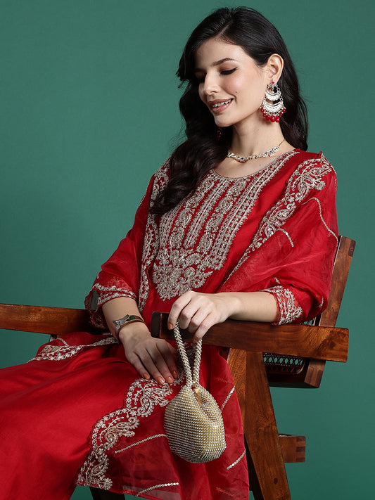 Women Red Embroidered Straight Kurta Trousers With Dupatta Set