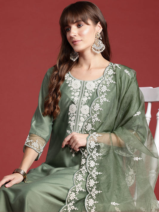 Women Green Embroidered Straight Kurta Trousers With Dupatta Set