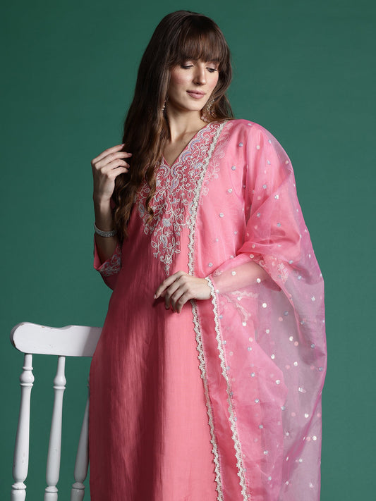 Women Pink Embroidered Straight Kurta Trousers With Dupatta Set