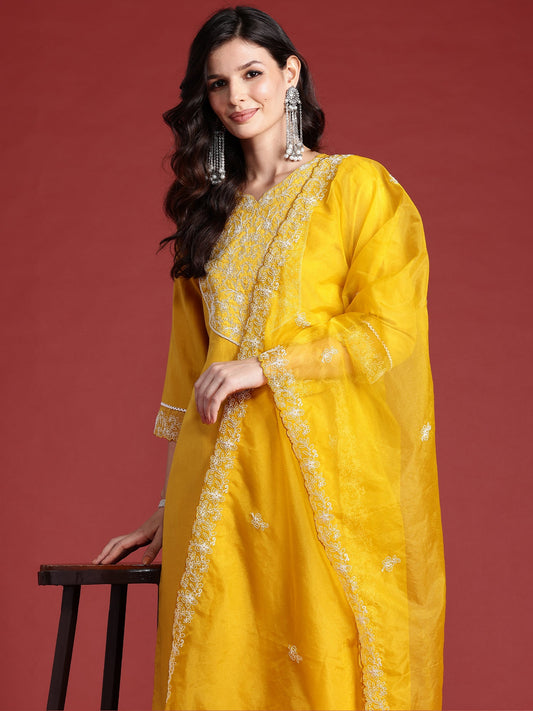 Women Yellow Embroidered Straight Kurta Trousers With Dupatta Set