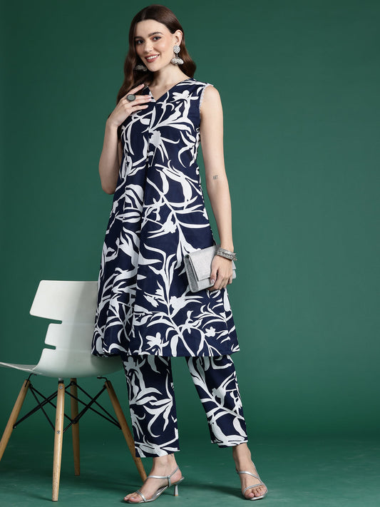 Women Blue Printed A-Line Kurta Trousers Set