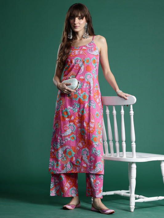 Women Pink Printed Straight Kurta Palazzos Set