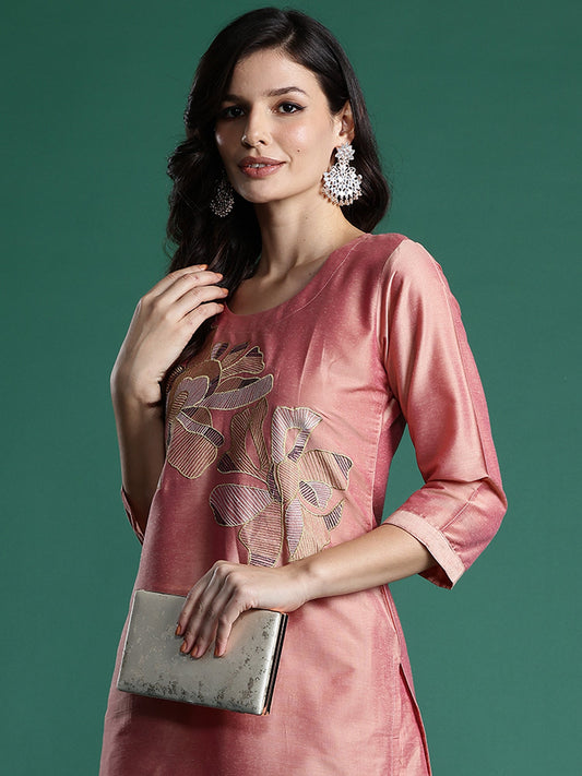 Women Peach Embroidered Straight Kurta Trousers Set