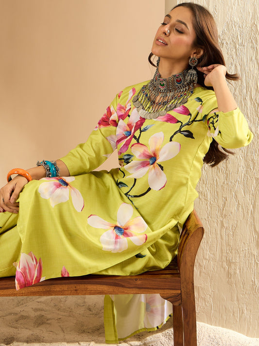 Women Olive Printed Straight Kurta Trousers  Set