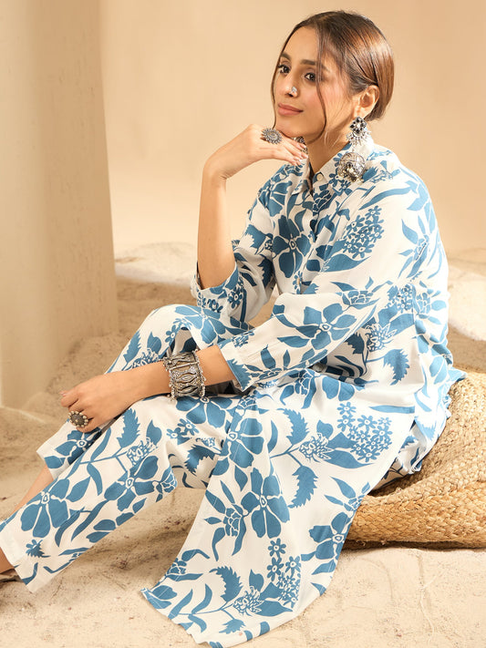 Women White Printed Straight Kurta Trousers  Set