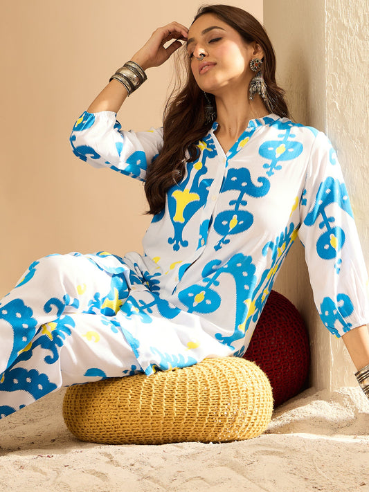 Women White Printed Straight Kurta Trousers  Set