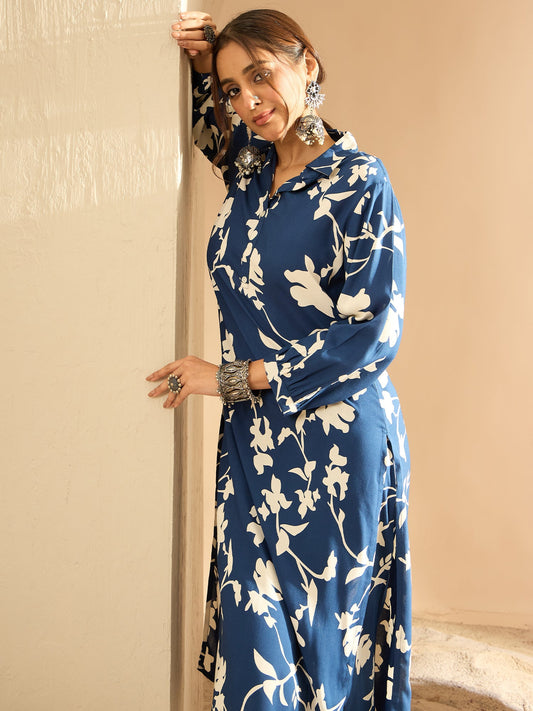 Women Blue Printed Straight Kurta Trousers  Set