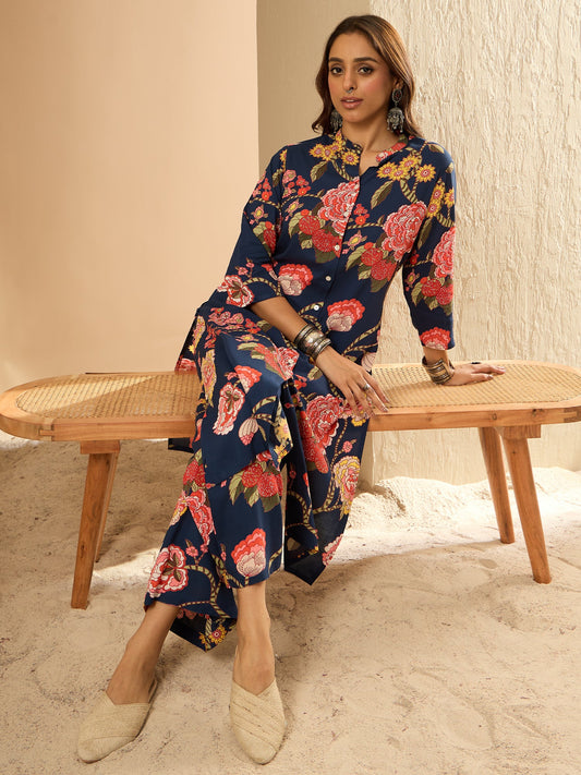 Women Blue Printed Straight Kurta Palazzos Set