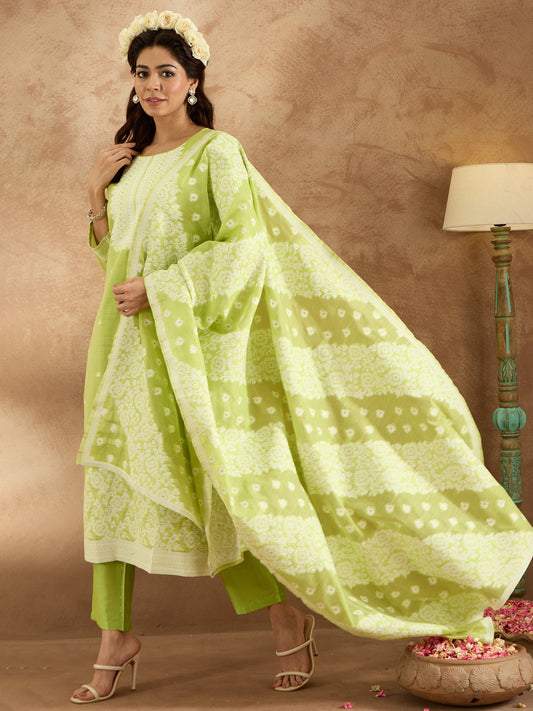 Women Green Woven Design Straight Kurta Trousers With Dupatta Set