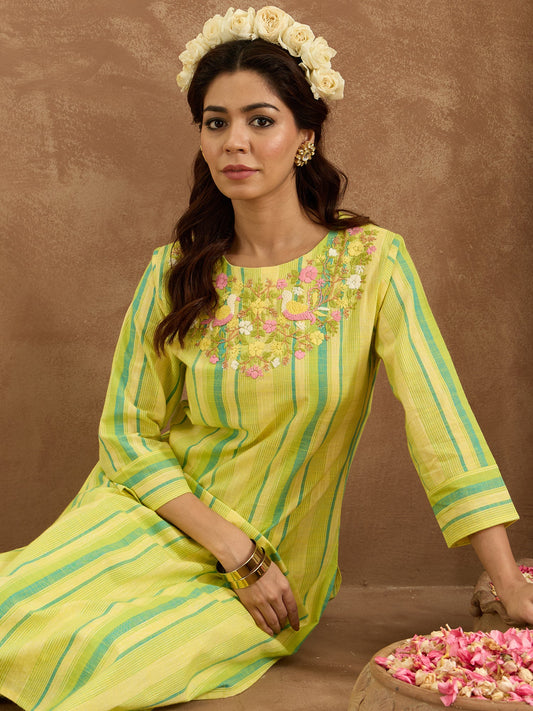 Women Yellow Embroidered Straight Kurta Trousers  Set