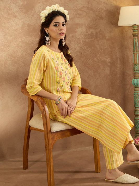 Women Mustard Embroidered Straight Kurta Trousers  Set