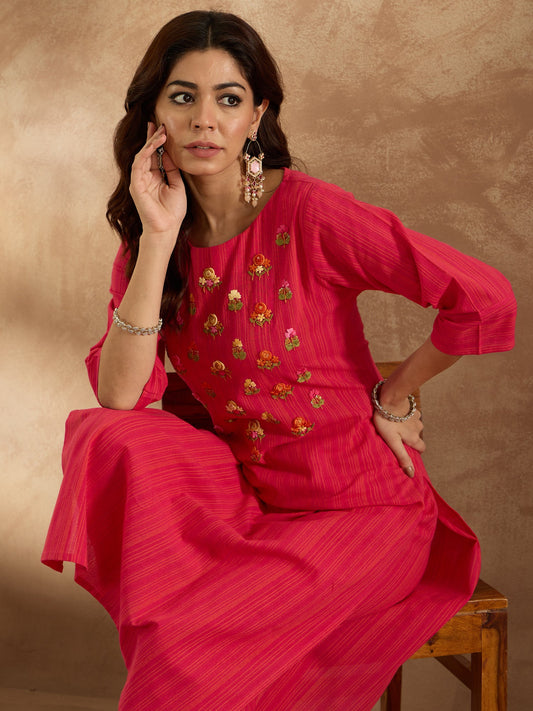 Women Pink Embroidered Straight Kurta Trousers  Set