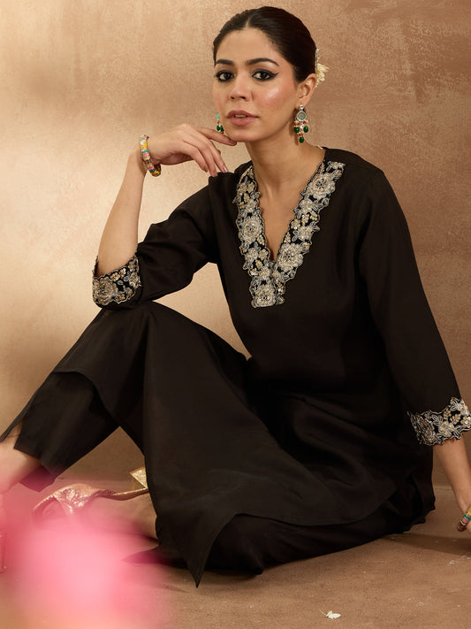 Women Black Embroidered Straight Kurta Trousers  Set