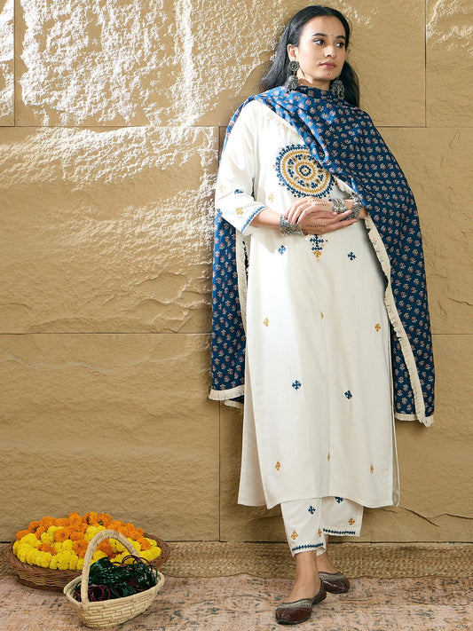 Women Cream Embroidered Straight Kurta Trousers With Dupatta Set