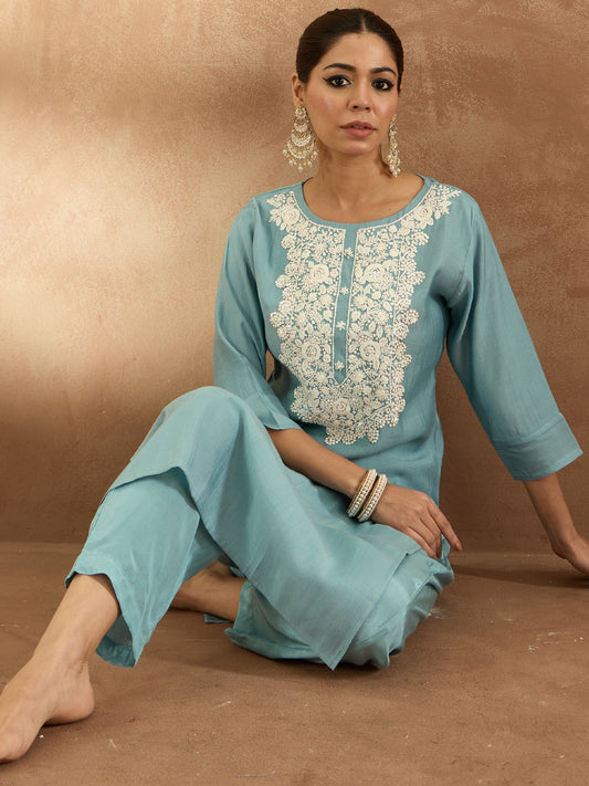 Women Blue Embroidered Straight Kurta Trousers  Set