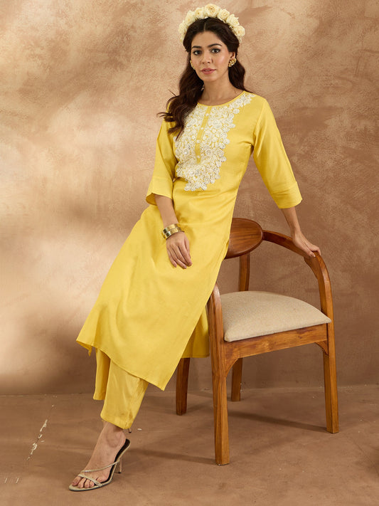 Women Yellow Embroidered Straight Kurta Trousers  Set