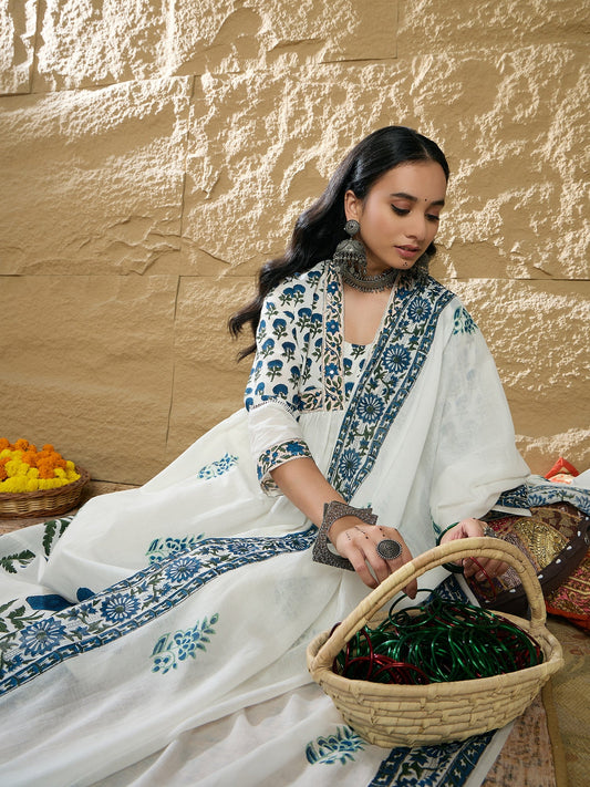 Women White Printed A-Line Kurta Trousers With Dupatta Set