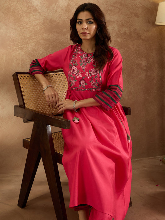 Women Pink Embroidered A-Line Kurta Trousers Set