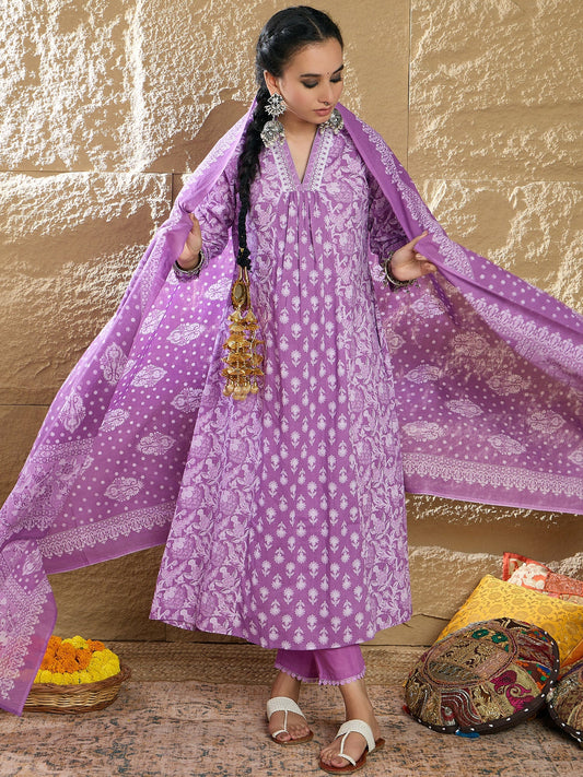 Women Lavender Printed A-Line Kurta Trousers With Dupatta Set