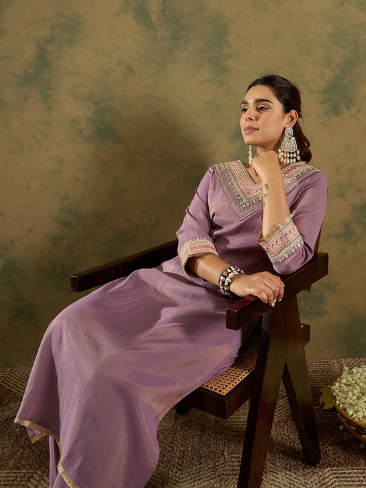 Women Lavender Embroidered Straight Kurta Trousers Set