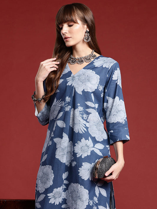 Women Blue Printed A-Line Kurta Trousers Set