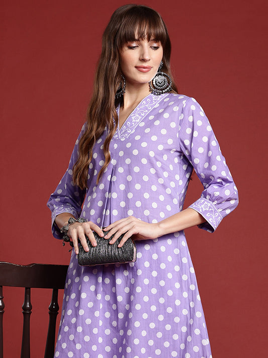 Women Lavender Printed A-Line Kurta Trousers  Set