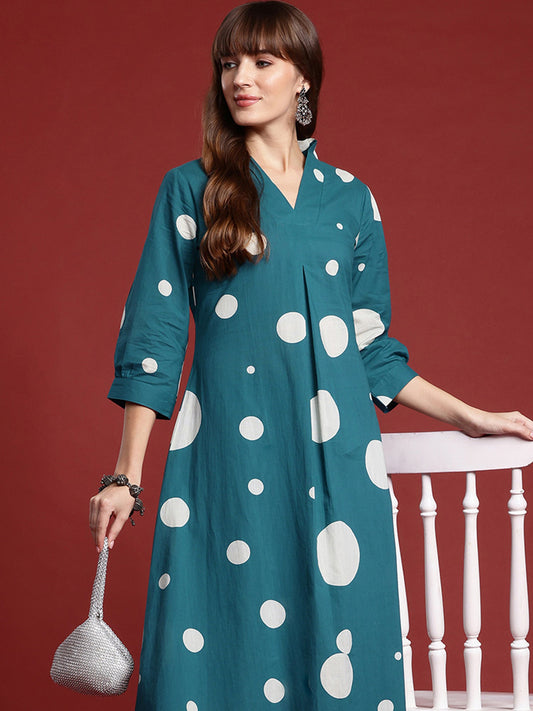 Women Teal Printed A-Line Kurta Trousers Set