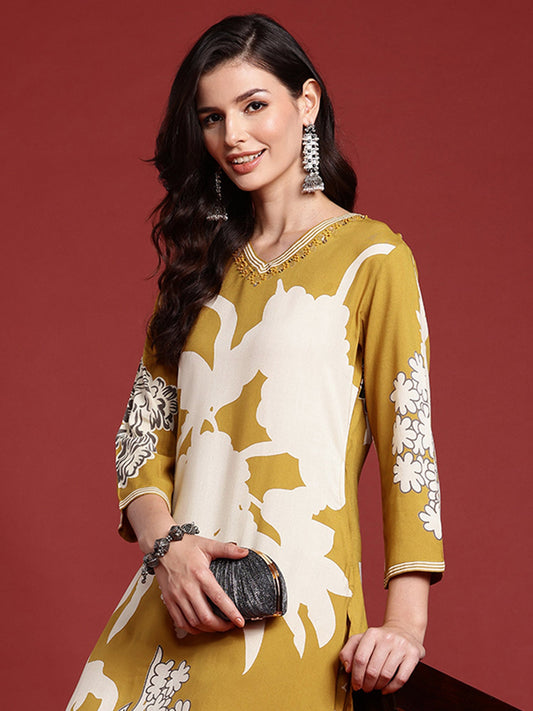 Women Mustard Printed A-Line Kurta Salwar Set