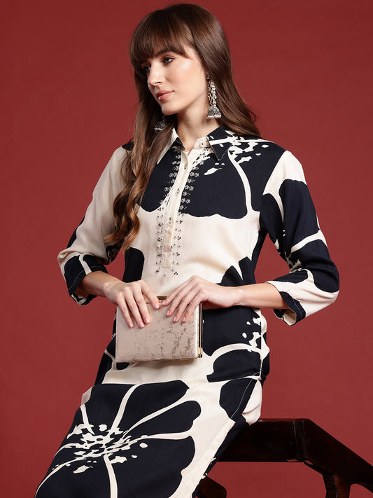 Women Off White Printed Straight Kurta Palazzos Set