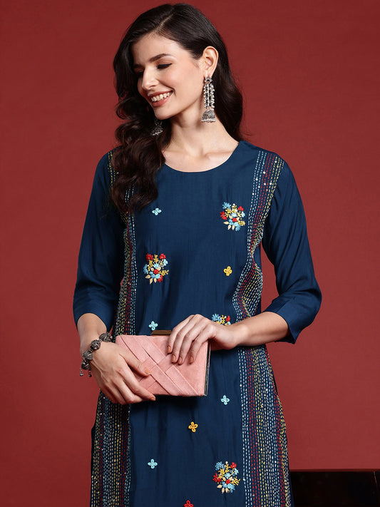 Women Blue Embroidered Straight Kurta Trousers Set