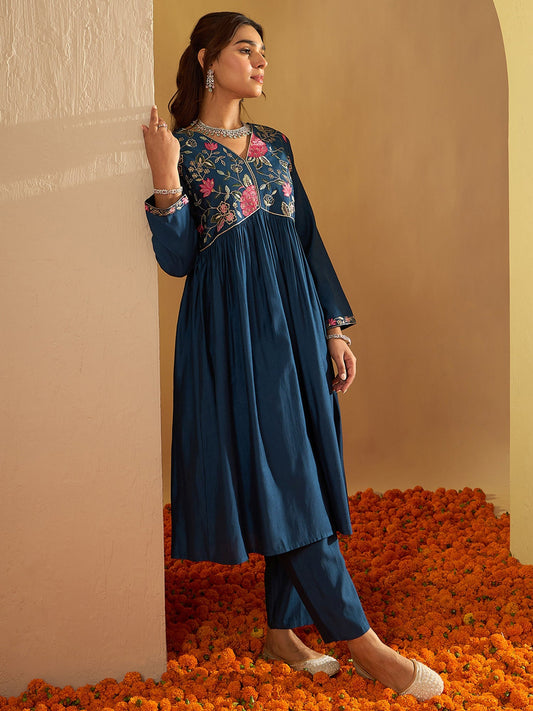 Women Teal Embroidered A-Line Kurta Trousers Set