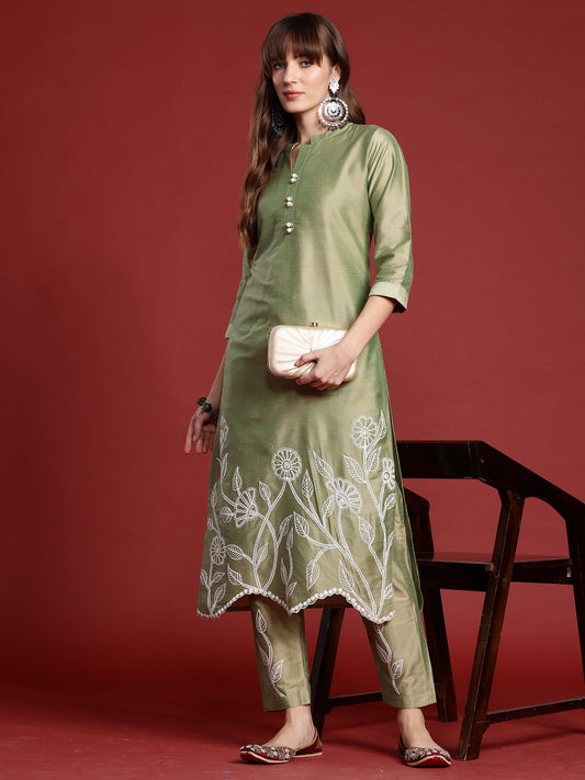 Women Green Embroidered Straight Kurta Trousers Set