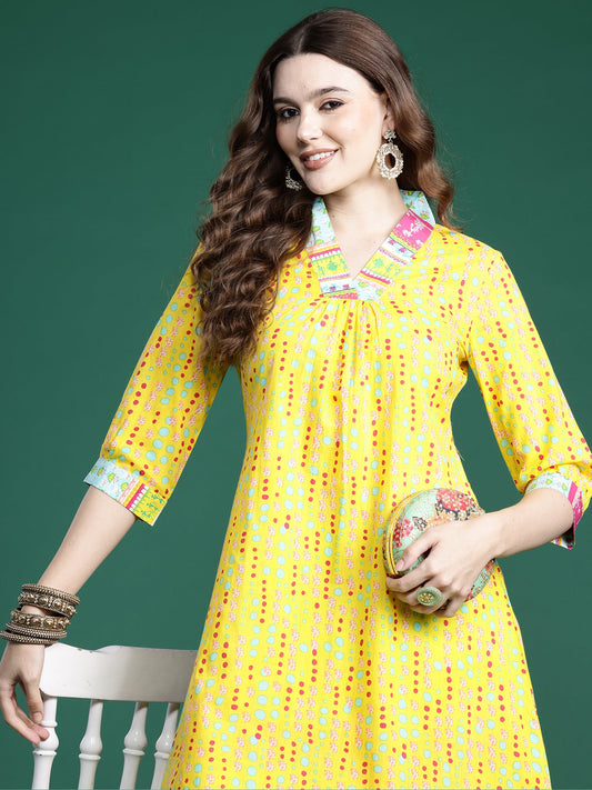 Women Yellow Printed A-Line Kurta Trousers  Set