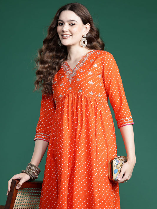 Women Orange Embroidered A-Line Kurta Trousers Set