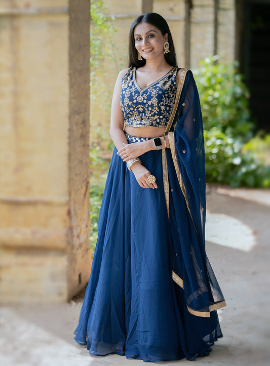 Navy Blue Sequins Thread Embroidery Work Lehenga Choli Set