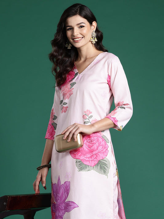 Women Peach Printed Straight Kurta Trousers  Set