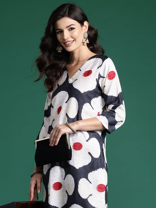 Women Black Printed Straight Kurta Trousers  Set