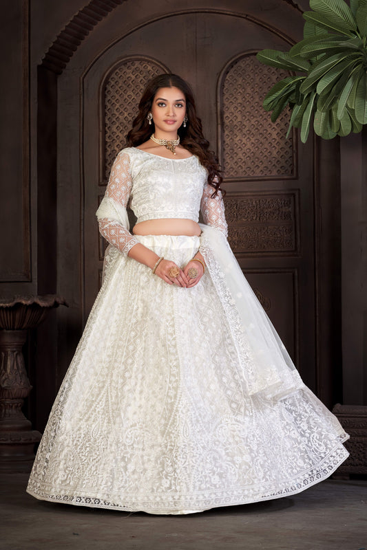 White Tonal Thread Embroidered Lehenga