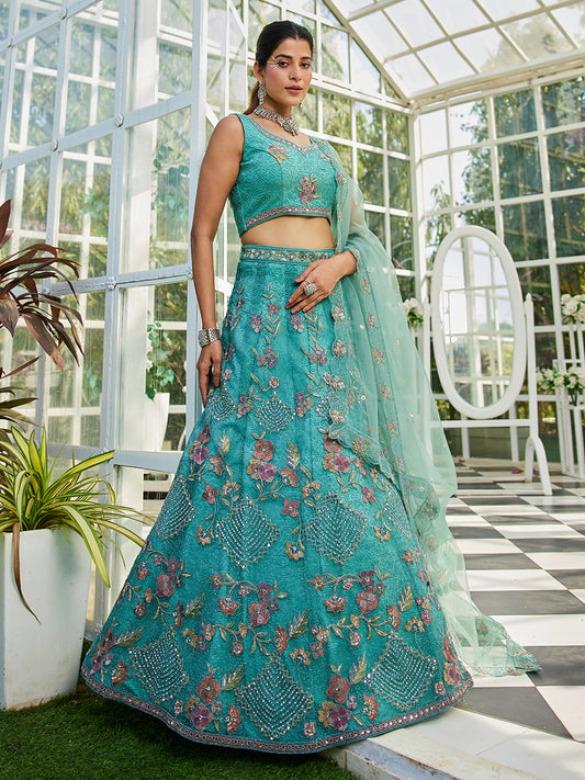 Lime Green net with Coding & Zarkan embroidery Lehenga choli & Dupatta