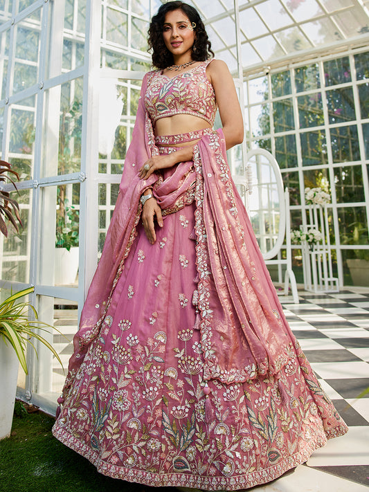 Pink colour Tissue Fabric with Sequinse & Thread embroidery Lehenga choli & Dupatta