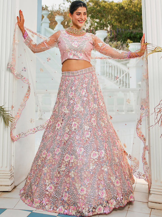 Grey net with Sequinse & Zarkan embroidery Lehenga choli & Dupatta