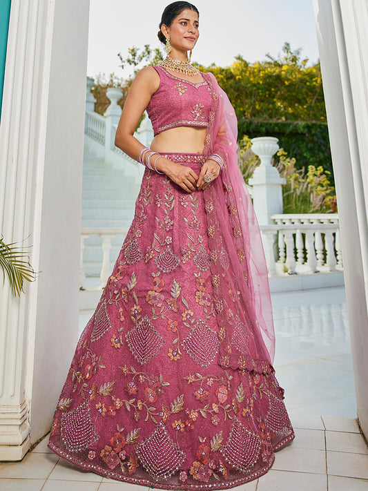 Pink net with Coding & Zarkan embroidery Lehenga choli & Dupatta