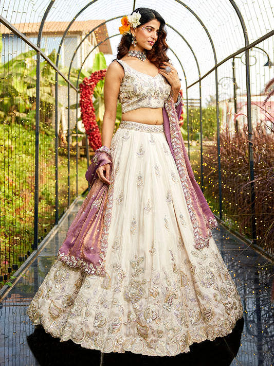 Cream colour tissue Fabric with Sequinse & Thread embroidery Lehenga