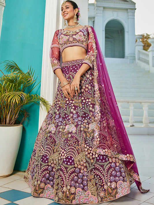 Burgundy net with Coding & Zarkan embroidery Lehenga choli & Dupatta