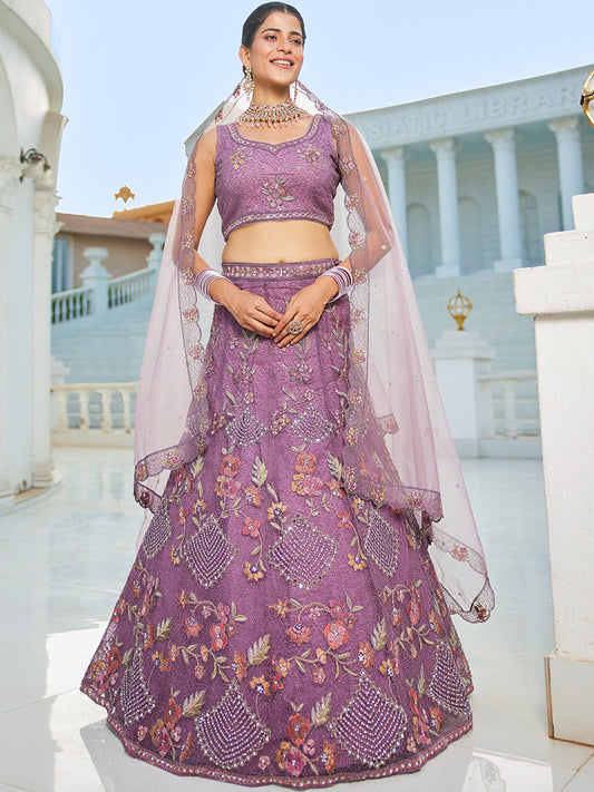 Purple net with Coding & Zarkan embroidery Lehenga choli & Dupatta