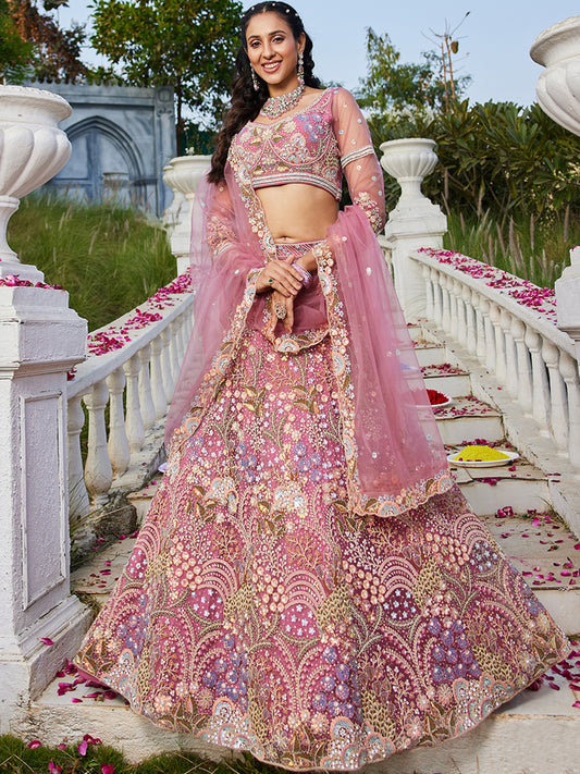 Pink net with Coding & Zarkan embroidery Lehenga choli & Dupatta