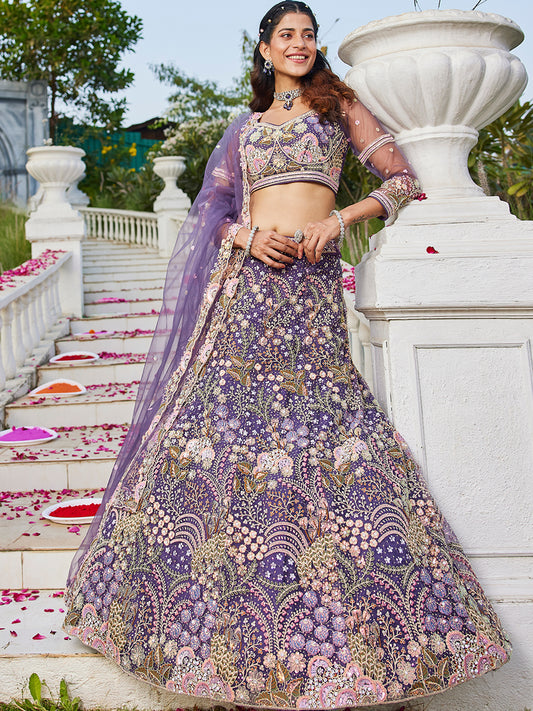 Purple net with Coding & Zarkan embroidery Lehenga choli & Dupatta