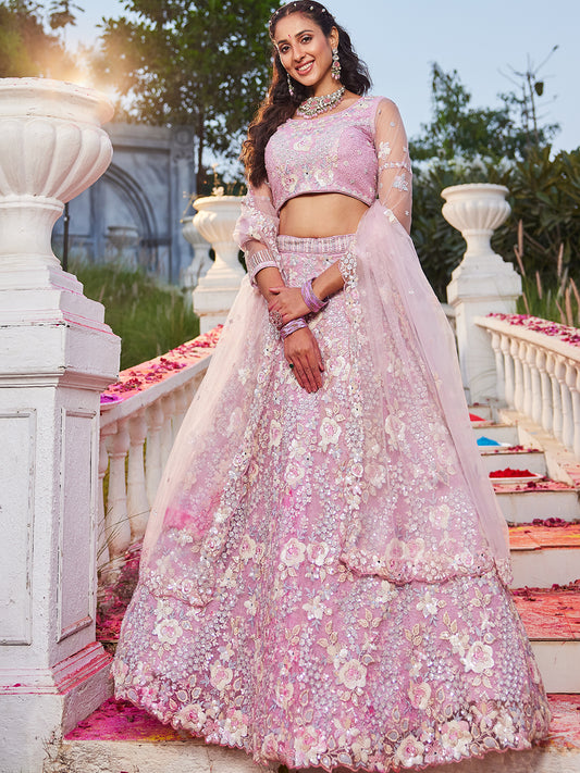 Pink net with Sequinse & Zarkan embroidery Lehenga choli & Dupatta