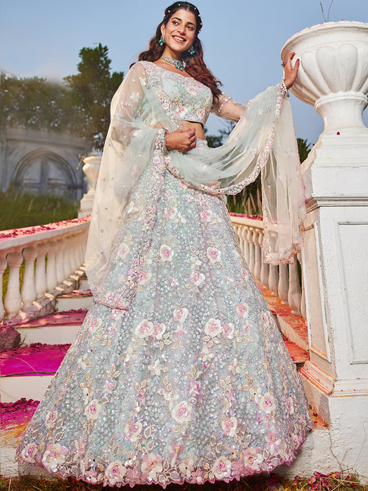 Sea Green net with Sequinse & Zarkan embroidery Lehenga choli & Dupatta